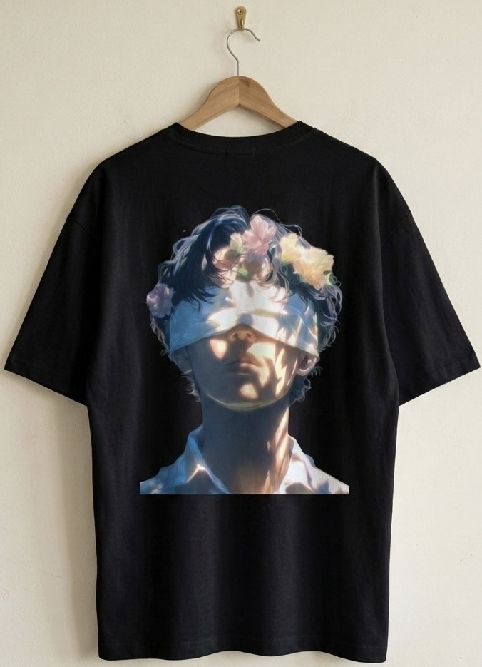 Men's Black/White Oversized Floral Boy Graphic Printed T-Shirt